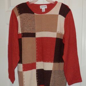 ALFRED DUNNER LONG SLEEVE SWEATER * ROUND NECK * RUST AND MULTI COLOR SQUARES *